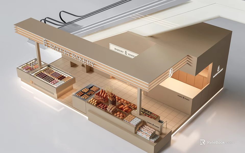 Mall Bakery Shop With Glass Display Counters Fresh Pastries And Warm Lighting 3d model 