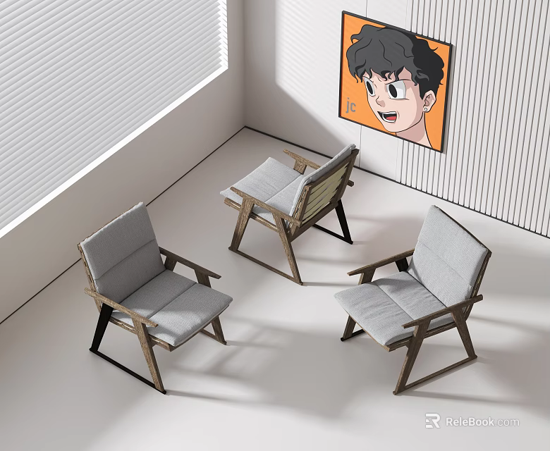 Three Modern Leisure Chairs with Wooden Frames and Gray Cushions in Bright Interior 3d model 