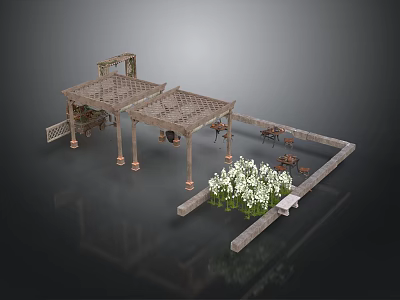 Outdoor Garden Pergola Design With Wooden Columns White Flowers And Bench 3d model