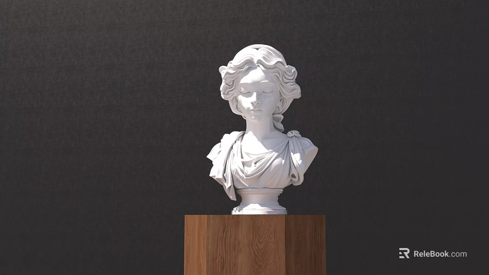 Elegant White Bust Sculpture Carving With Wooden Base And Dark Background 3d model 