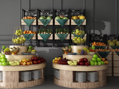 Fresh Fruit Display Shelves With Wooden Round Stands And Green Cloth Decor 3d model