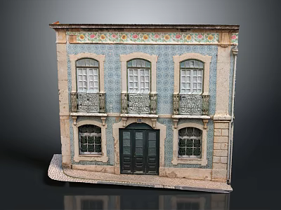Traditional Building With Blue Tiled Facade Floral Decorative Patterns And Iron Rail Balconies 3d model