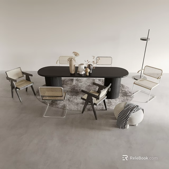 Modern Oval Black Dining Table and Wooden Chairs Set with Minimalist Design and Decorative Items 3d model 