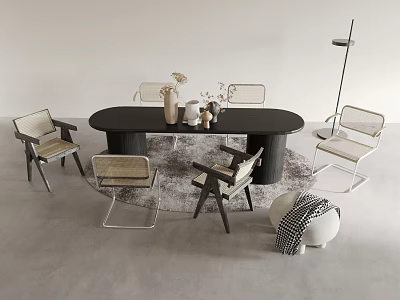 Modern Oval Black Dining Table and Wooden Chairs Set with Minimalist Design and Decorative Items 3d model