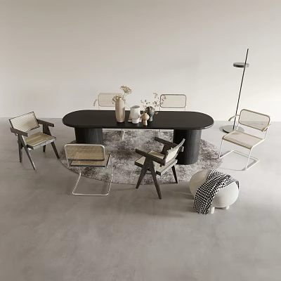 Modern Oval Black Dining Table and Wooden Chairs Set with Minimalist Design and Decorative Items 3d model