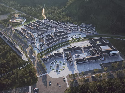 Aerial View Of Ancient Architecture Complex With Traditional Courtyards And Lush Forest Surroundings 3d model