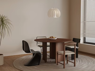 Modern Dining Room Interior With Round Wooden Table Chairs Pendant Light And Potted Plant 3d model