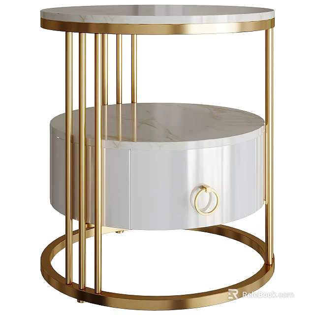 Elegant Modern Side Table With Gold Frame Round Marble Top And White Drawer 3d model