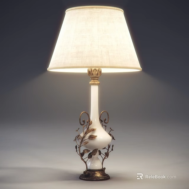 Elegant White Table Lamp With Linen Shade And Bronze Leaf Decorative Base Design 3d model 