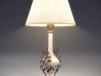 Elegant White Table Lamp With Linen Shade And Bronze Leaf Decorative Base Design 3d model