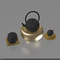 Classic Tea Set With Black Teapot Golden Base And Black Teacups On Yellow Trays