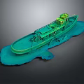 3D Green Water Transport Boat Model With Deck Cabin On Blue Marine Terrain