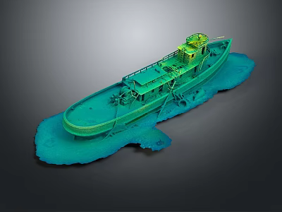 3D Green Water Transport Boat Model With Deck Cabin On Blue Marine Terrain 3d model