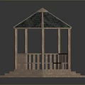 Wooden Garden Gazebo With Green Tile Roof And Wooden Railings Square Base