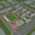 School Campus Buildings with Aerial View Featuring Sports Field Running Track Greenery and Roads
