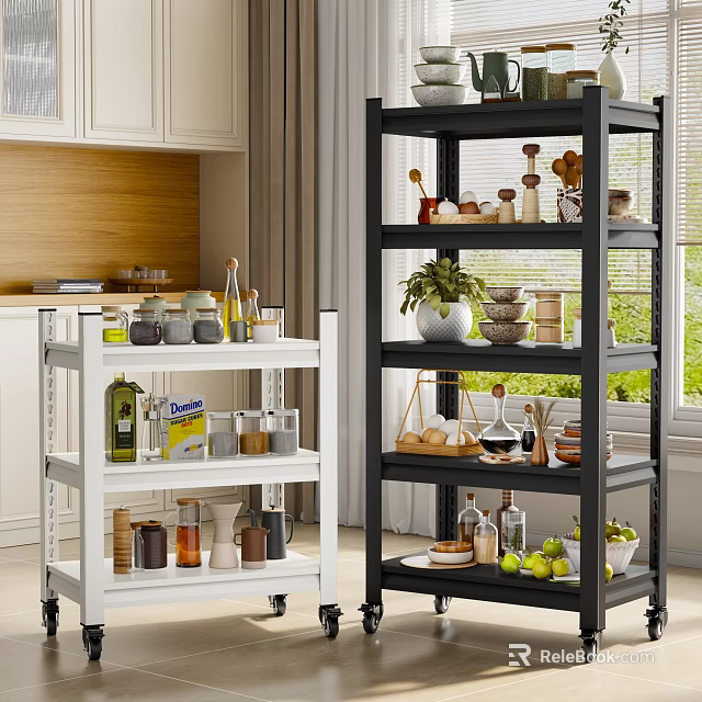 Multi Tiered Kitchen Storage Shelves With Wheels Holding Spices Dishes Plants And Fruits 3d model 
