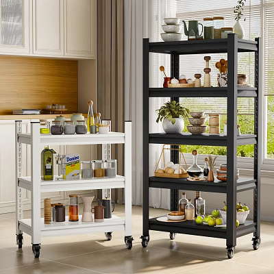 Multi Tiered Kitchen Storage Shelves With Wheels Holding Spices Dishes Plants And Fruits 3d model