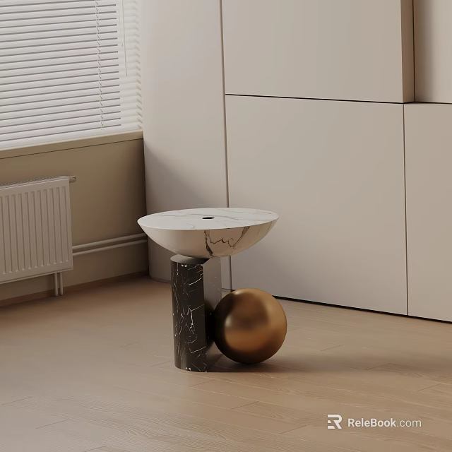 Modern Side Table with White Marble Top Black Marble Base and Gold Sphere Decoration 3d model 
