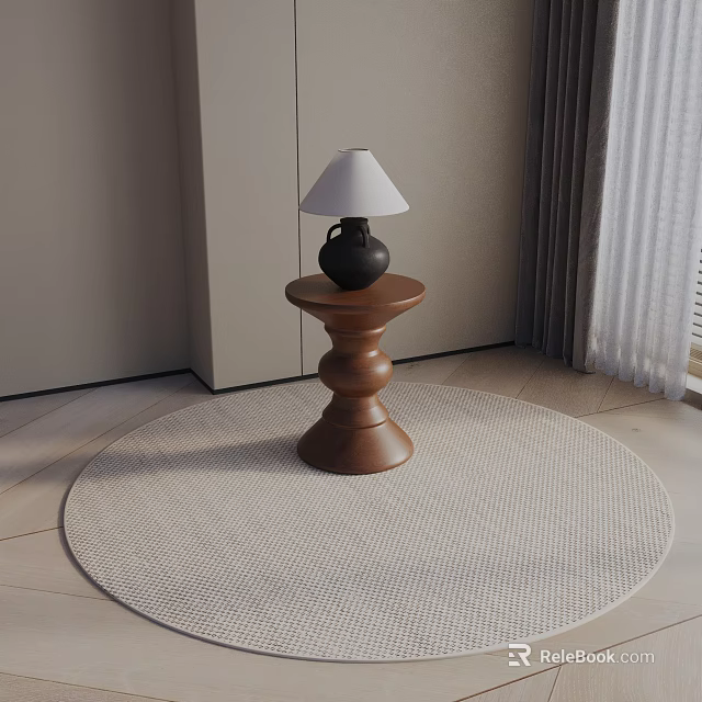 Wooden Side Table With Round Base Featuring Black Vase And White Lamp On Round Rug 3d model 