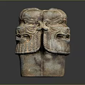 Ancient Double Headed Stone Sculpture With Intricate Facial Carvings And Weathered Texture
