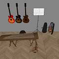 Musical Instruments Collection With Hanging Guitars Guzheng Violin Music Sheet And Cases