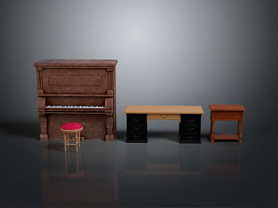 Brown Wooden Piano Black Desk Red Stool And Small Side Table Home Equipment 3d model