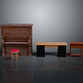 Brown Wooden Piano Black Desk Red Stool And Small Side Table Home Equipment