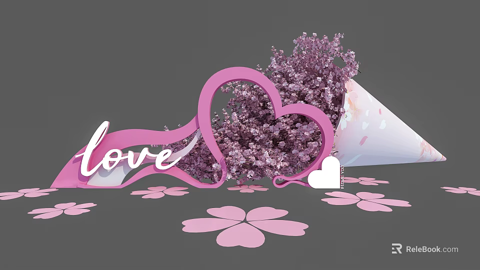 Photo Check in Spot with Pink Heart Decoration Purple Flowers Love Sign and Pink Petals 3d model 