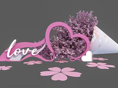 Photo Check in Spot with Pink Heart Decoration Purple Flowers Love Sign and Pink Petals 3d model