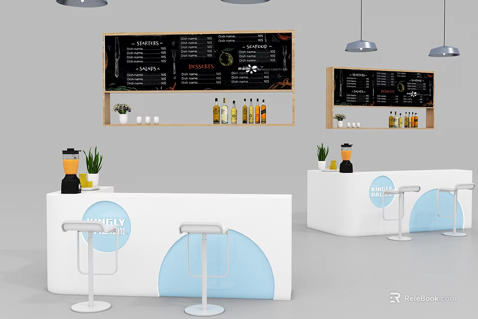 Modern Bar Interior With Menu Board Bottles Plants And Stools 3d model 