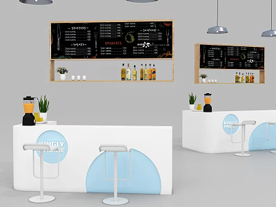 Modern Bar Interior With Menu Board Bottles Plants And Stools 3d model