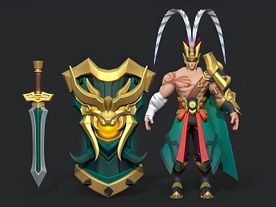 Muscular Man Warrior With Golden Armor Feathered Headdress Green Cape And Sword 3d model