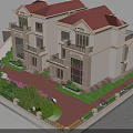 Classic Detached Villa Exterior With Red Roof Balconies Stone Walls Green Plants And Flower Shrubs