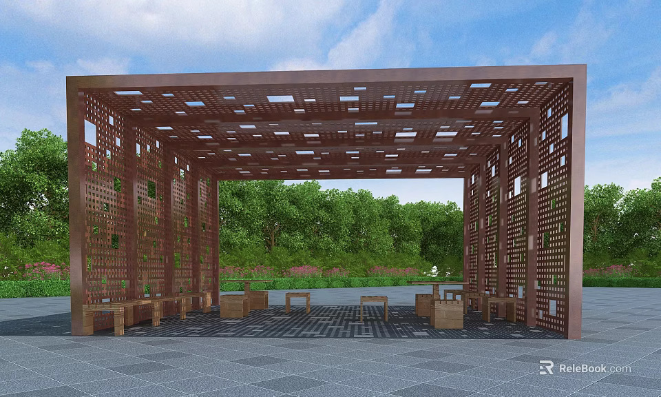 Brown Metal Pergola with Perforated Design and Benches Tables under Green Trees Blue Sky 3d model 