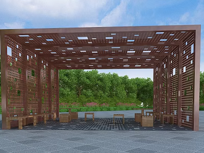 Brown Metal Pergola with Perforated Design and Benches Tables under Green Trees Blue Sky 3d model