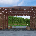 Brown Metal Pergola with Perforated Design and Benches Tables under Green Trees Blue Sky