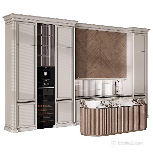 Modern Kitchen Interior With Chevron Wood Cabinets White Cabinetry Black Appliances And Marble Island 3d model 