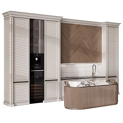 Modern Kitchen Interior With Chevron Wood Cabinets White Cabinetry Black Appliances And Marble Island 3d model