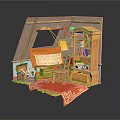 Miniature Room Architecture Model With Wooden Bookshelf Desk Lamp And Red Carpet