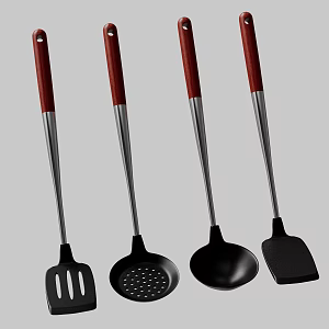 Silicone Kitchenware Collection Stainless Steel Wooden Handle 3d model