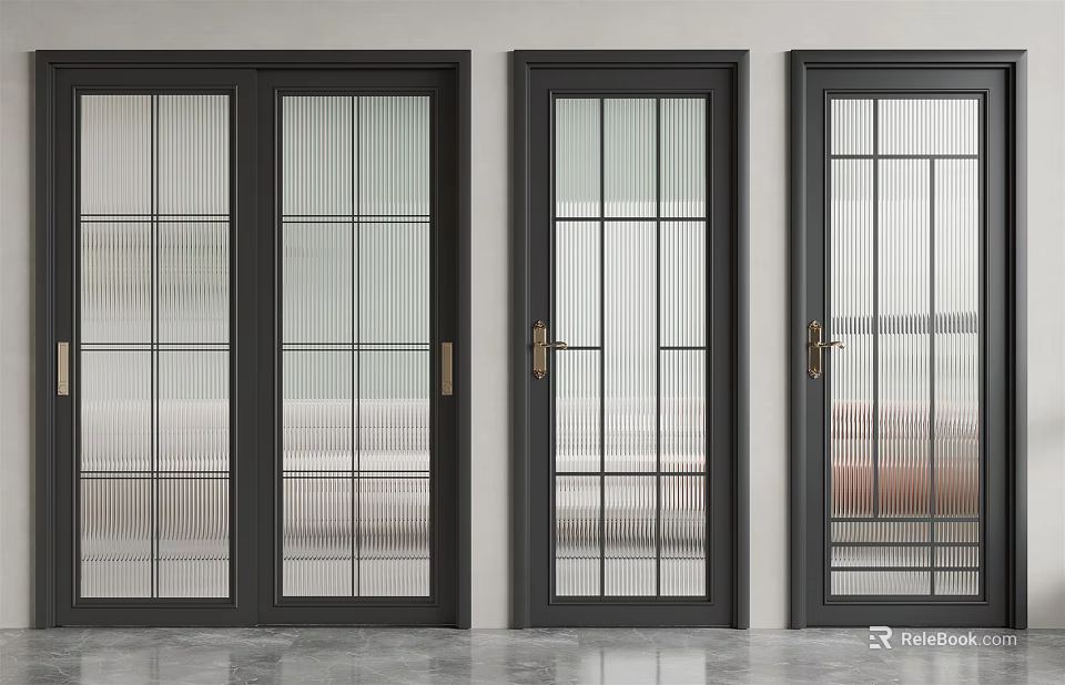 Modern Sliding Doors with Black Frames and Glass Panel Designs for Home Interior 3d model 