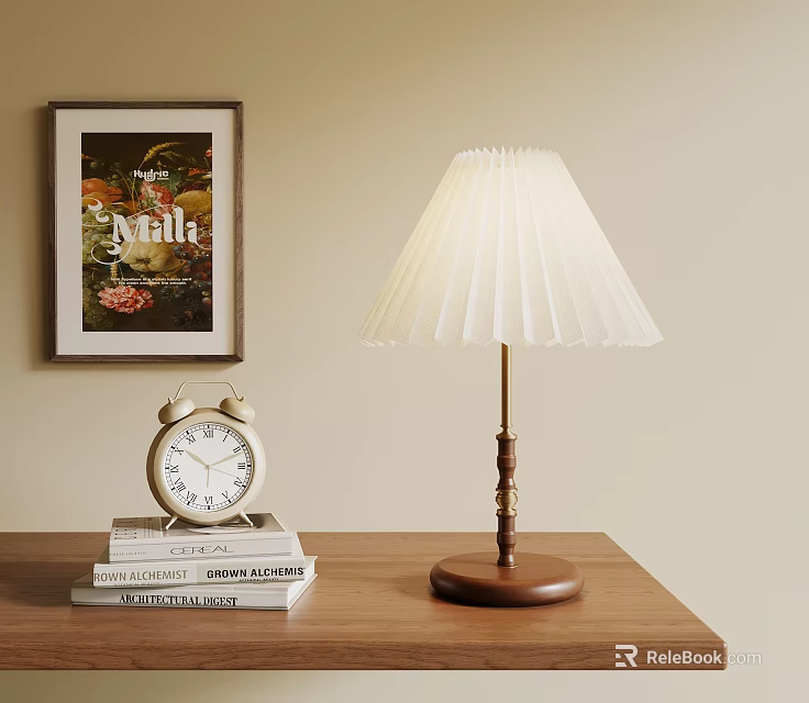 Pleated White Shade Table Lamp With Wooden Base Near Alarm Clock And Books On Table 3d model 