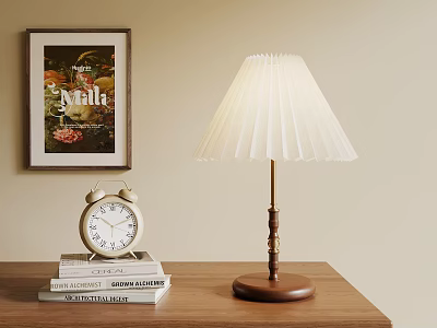 Pleated White Shade Table Lamp With Wooden Base Near Alarm Clock And Books On Table 3d model