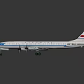 White Commercial Airplane Model With Four Engines Blue Stripes And Red Tail