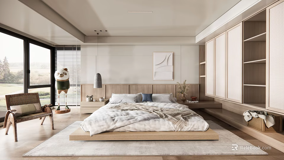 Modern Minimalist Bedroom Interior With Wooden Platform Bed Decorative Painting And Hanging Light 3d model 