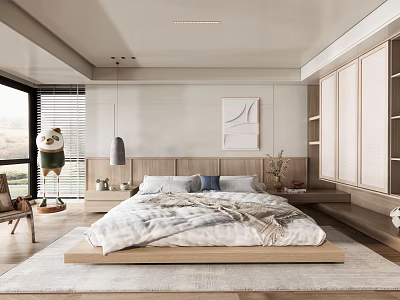 Modern Minimalist Bedroom Interior With Wooden Platform Bed Decorative Painting And Hanging Light 3d model