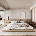 Modern Minimalist Bedroom Interior With Wooden Platform Bed Decorative Painting And Hanging Light
