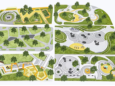 Park Landscape Design Featuring Circular Plazas Curved Paths And Lush Green Areas 3d model