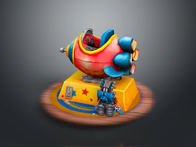 Colorful Spinning Rocket Shaped Amusement Ride With Yellow Base And Star Patterns 3d model