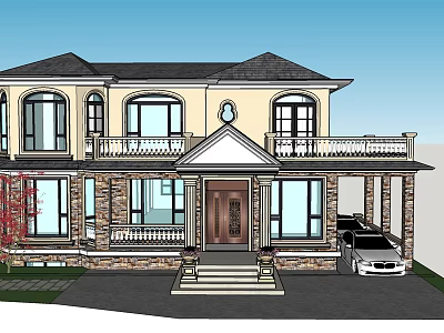 European Style Detached Villa With Stone Wall Arched Windows Balcony Brown Door And White Car 3d model